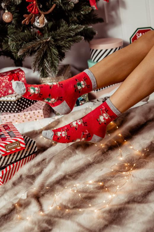 1283.002 Stojące Renifery Milena – Świąteczne skarpety damskie, Czerwony