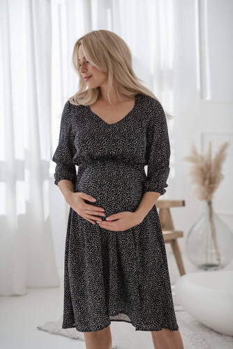 Lovely Dress Midi sukienka ciążowa i do karmienia rękaw 3/4 Milk&Love kropki na czarnym