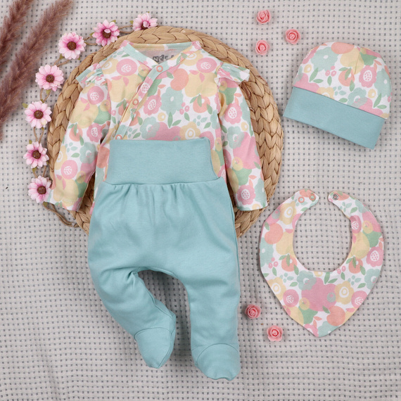 ABK-0052 Komplet niemowlęcy NINI Colorful Fruits organic bawełna body półśpiochy czapka