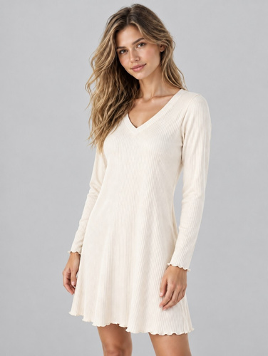 Eldar Ilaya Koszula Nocna Damska Wiskoza Długi Rękaw Dekolt V Prążek Ecru