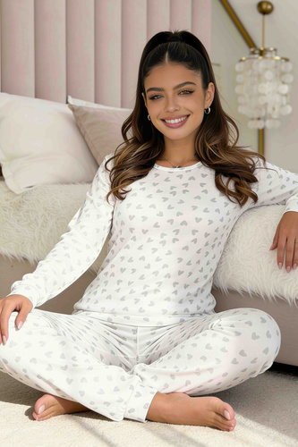 Donna Love Long Ecru piżama damska 100% bawełna w serduszka