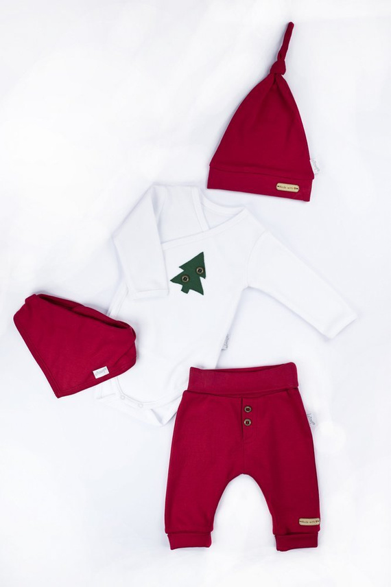 163050 Komplet czapka, body, apaszka i spodnie "Magia Świąt" Nicol - bordo / choinka