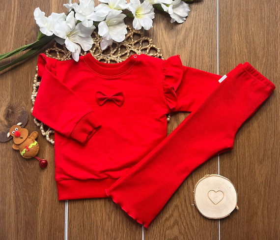 Mamatti DR714 czerwony dres dziewczęcy bawełniany bluza z kokardką legginsy dzwony