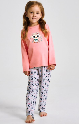 3486, 3487 Emma Piżama dziewczęca Taro morelowa – bawełna, nadruk, wzorzyste spodnie