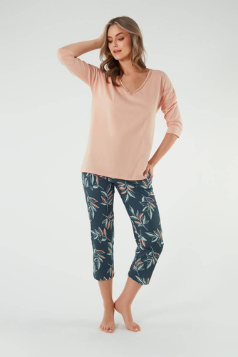 Julietta Piżama Damska 3/4rękaw, 7/8 spodnie Italian Fashion - łososiowy/druk