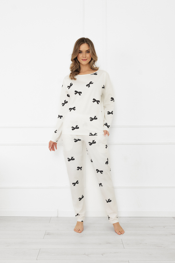 Piżama damska Figaro – ecru, bawełna, długi rękaw + długie spodnie Italian Fashion  