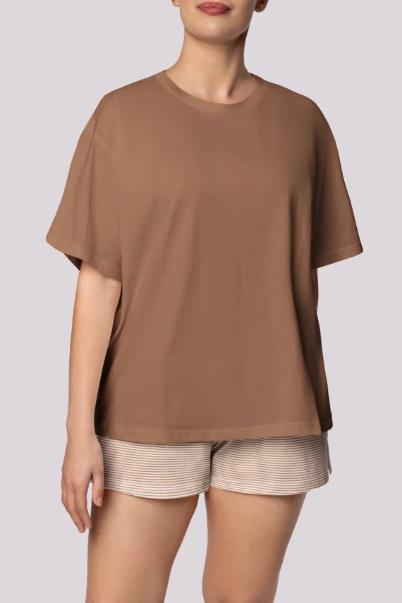 Stripe shortsleeve Piżama damska Mona karmel