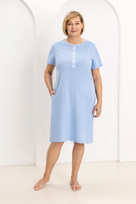 Koszulka Damska 177 Regina niebieska – Bawełniana Koszula Nocna 100% Bawełna, Rozpinana, Komfort i Swoboda