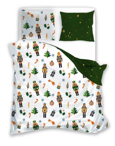 Holly Jolly 002 Pościel świąteczna Faro biała zielona dziadek do orzechów– satynowa mikrofibra, komplet z zamkiem błyskawicznym