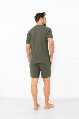 Krystian Piżama męska Italian Fashion oliwkowa – bawełna, koszulka i krótkie spodenki
