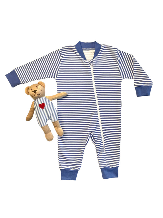 Pajacyk niemowlęcy bez stópek Mamatti PS13641 – granatowy w paski, zapinany na zamek
