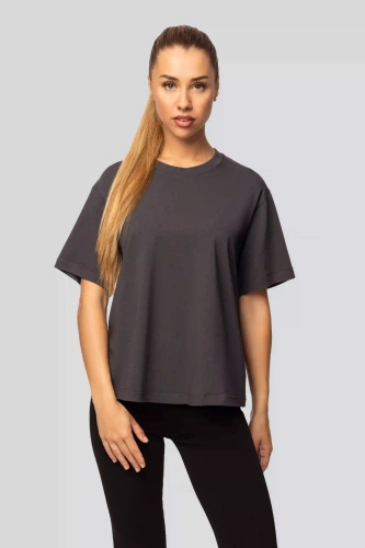 Koszulka bawełniana damska Urban grafitowa– Krótki rękaw, klasyczny krój, modna z rozcięciami | Wysoka jakość materiału, elastyczność