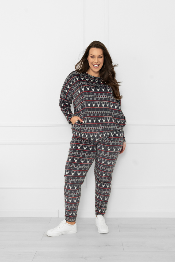 Komplet damski Navara – polarowy zestaw w świąteczny wzór z reniferami Italian Fashion - grafitowy 