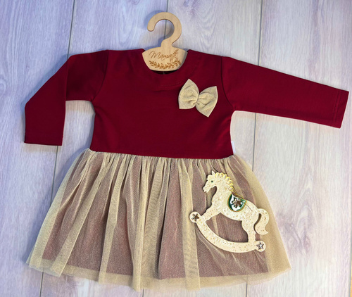 Sukienka dziewczęca Merry Christmas SH04 Mamatti – bordowa, długi rękaw, dół ze złotym tiulem