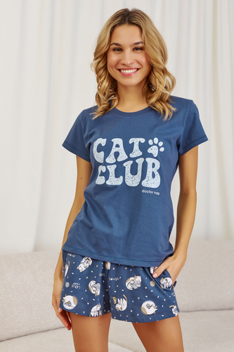 7203 "Cat club" Piżama Damska Doctor Nap - deep blue