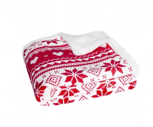 Koc świąteczny SACO czerwony – miękki i ciepły z norweskim wzorem śnieżynek w ozdobnym worku