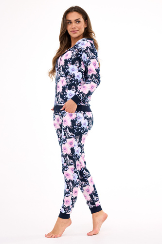 355/464 Maddie Cornette Piżama Damska – Granatowa 3-częściowa Piżama z Bluza w Kwiaty i Kapturem