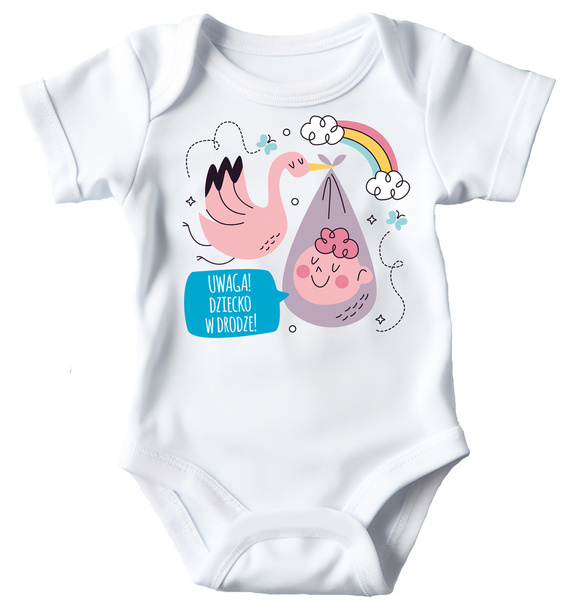 SKU A002 "Uwaga dziecko w drodze" Body krótki rękaw Moocha biały