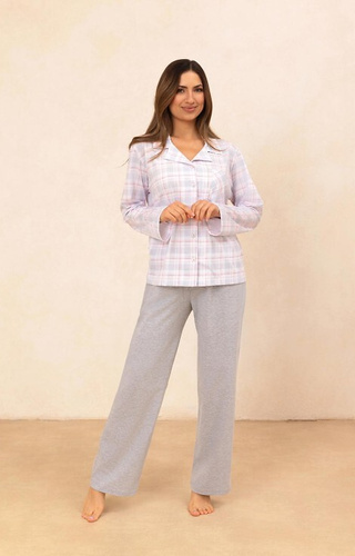 727 Piżama damska Regina szary – bawełna 100%, krata, koszula z guzikami