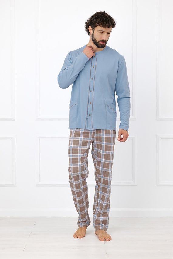 Italian Fashion Wilhelm Piżama Męska 100% Bawełna Guziki Krata - stalowy