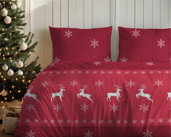 5621 A Magia Świąt Pościel flanelowa świąteczna Detexpol czerwona w renifery i śnieżynki– bawełna 100%, 160 g/m², zamek, OEKO-TEX®