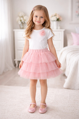 Róża bluzka dziewczęca Bambarillo śmietankowa elegancka z aplikacją różową