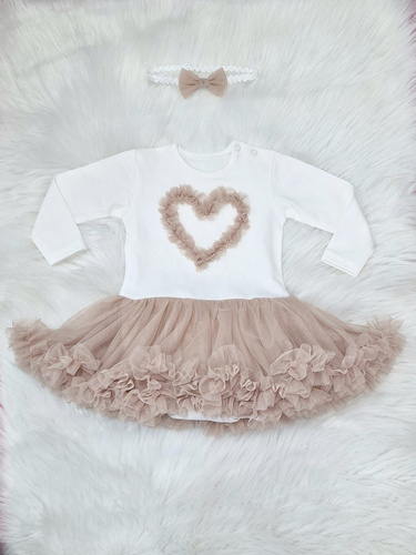 Mia body-sukienka długi rękaw Bambarillo – ecru i beż, bawełna z tiulem