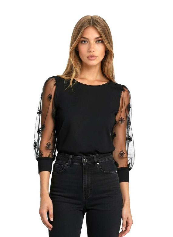 Elegancka bluzka damska Teria 3/4 Eldar czarny– wiskoza, rękawy bufki, tiulowy haft, okrągły dekolt, ściągacz