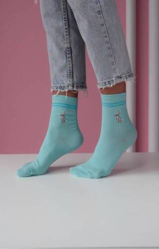 0200-088 Króliczki z paskami Skarpety damskie prążek Milena - turkus
