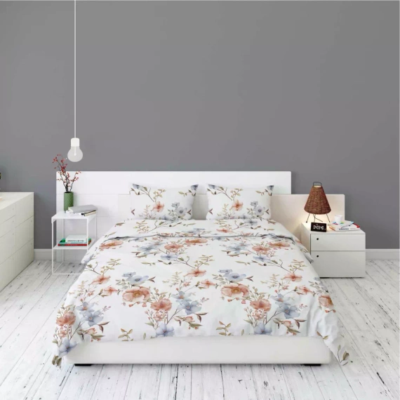 5635 A Pościel flanelowa Pastel Flowers Detexpol biała w kwiaty morelowe i niebieskie– ciepła, miękka i elegancka