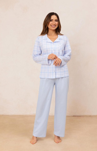 727 Piżama damska Regina niebieska   – bawełna 100%, krata, koszula z guzikami