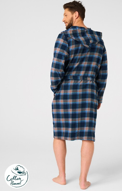 MGL 431 Szlafrok męski Key jeans – kratka, soft, szalowy kołnierz