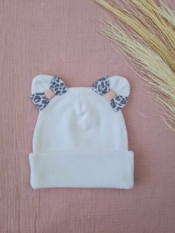 715PK Czapka z uszkami prążek podwójna Marija - écru