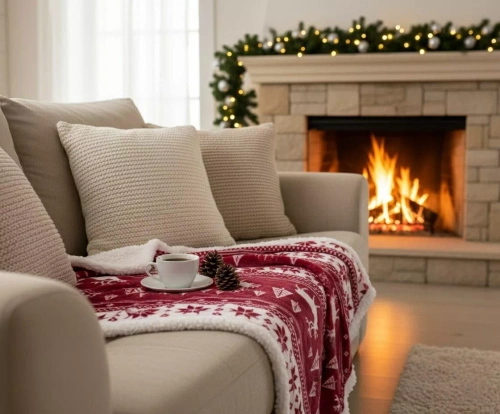 Koc świąteczny SACO bordowy – miękki i ciepły z reniferami i choinkami w ozdobnym worku