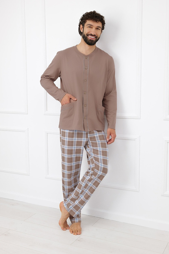 Italian Fashion Wilhelm Piżama Męska 100% Bawełna Guziki Krata - cappuccino