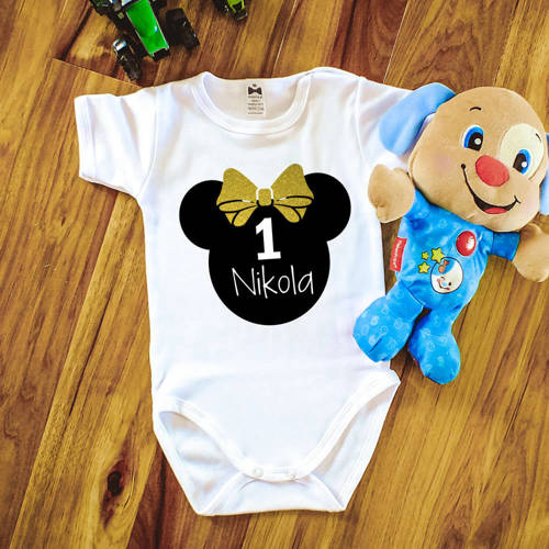 Body krótki rękaw na roczek dla dziewczynki z myszką Moocha złoty