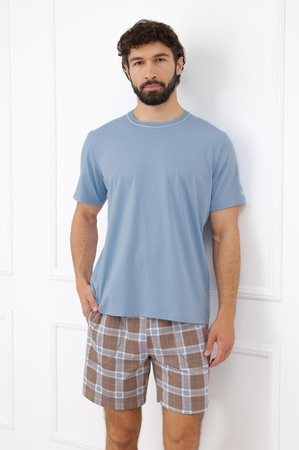 Piżama Męska Italian Fashion Dante Bawełna Krótka Szorty Krata Kieszenie-stalowy