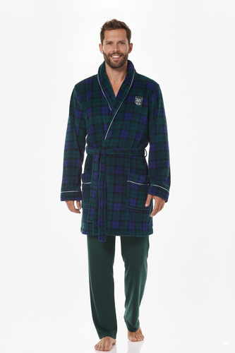 2456 BJ Szlafrok męski L&L granatowy– miękki, w kratkę z kołnierzem