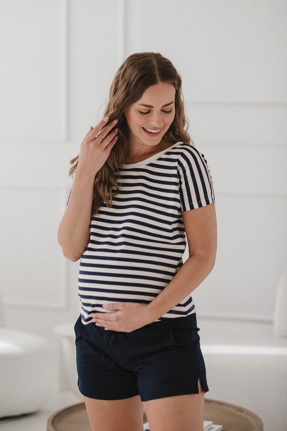 Two Ways Dwustronna bluzka ciążowa i do karmienia | Krótki rękaw, komfortowa Milk&Love granatowo-białe paski