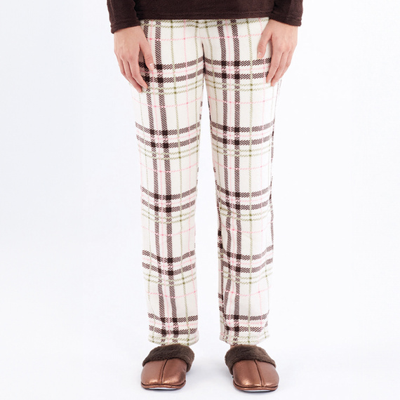 Piżama Liliana Sorbetto brązowa – ciepła polarowa w kratę z haftem 