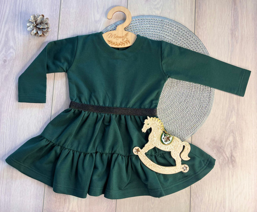 Sukienka bawełniana dziewczęca SE03 Merry Christmas Mamatti – butelkowa zieleń, długi rękaw