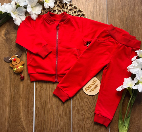 Mamatti DR914 czerwony dres dziecięcy bawełniany bluza na suwak stójka spodnie kieszenie