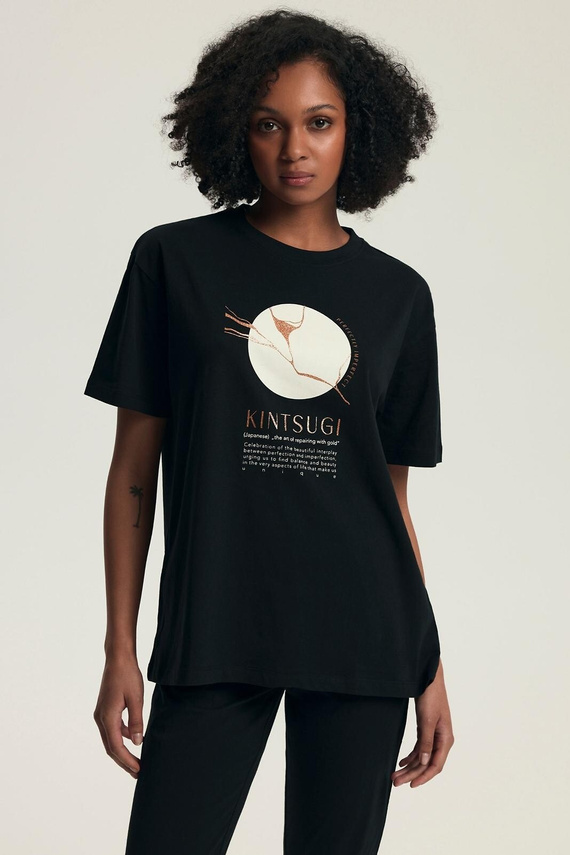 Piżama damska 43728 Dairoku czarna– bawełna, krótki rękaw, spodnie rybaczki