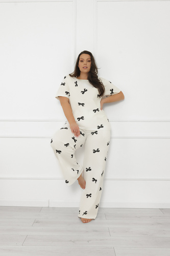 Piżama damska Figaro – ecru, bawełna, krótki rękaw + długie spodnie Italian Fashion