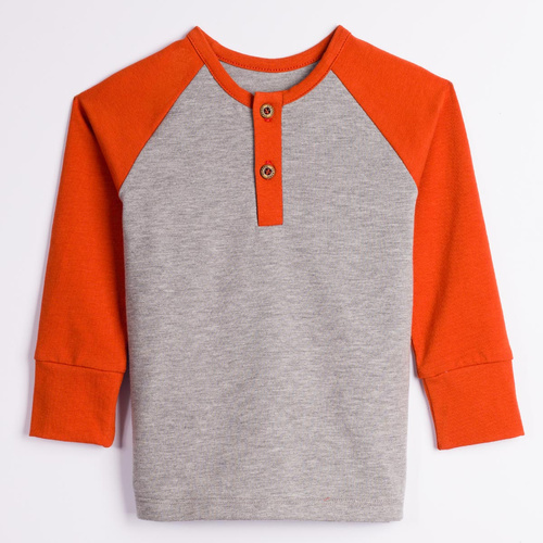 228138 Nicol FARMA Bluzka chłopięca Henley raglan szara ruda bawełna