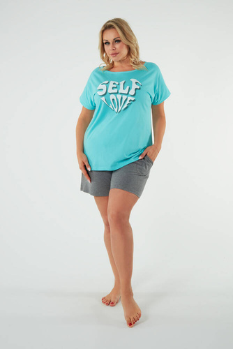 Selfie Piżama Damska krótki rękaw, spodenki Italian Fashion - turkus/melanż