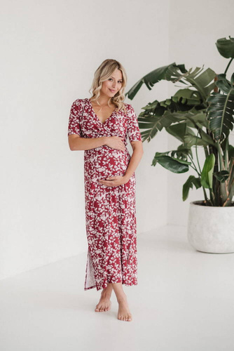 Sukienka ciążowa i do karmienia Two Ways LONG Milk&Love burgund w jasne kwiaty
