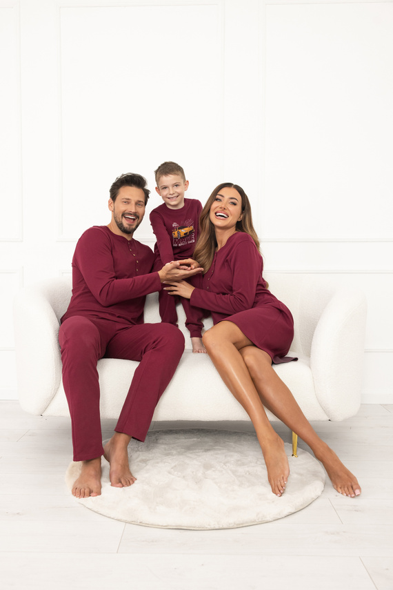 Koszula nocna damska Gordo – bawełna, długi rękaw i zapięcie polo -Italian Fashion - bordowy 