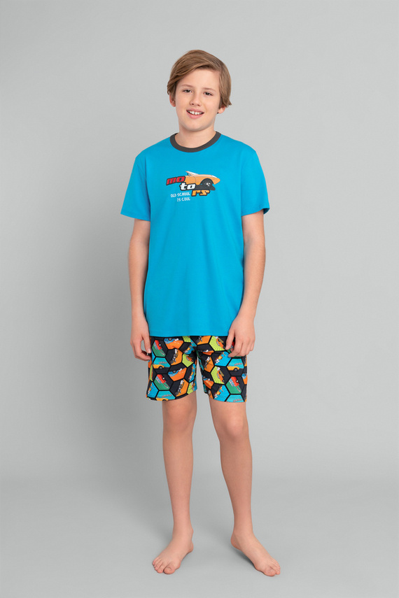 Komiks Piżama chłopięca krótki rękaw, spodnie Italian Fashion - turkusowy/druk