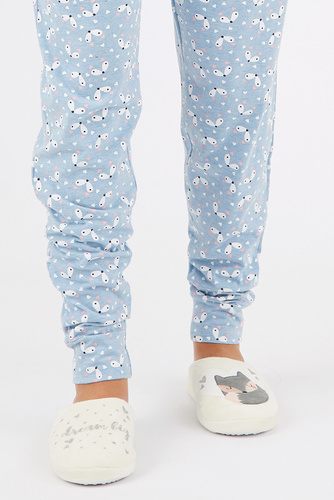 Fixy Sorbetto ecru – ciepłe kapcie damskie z antypoślizgową podeszwą i nadrukiem